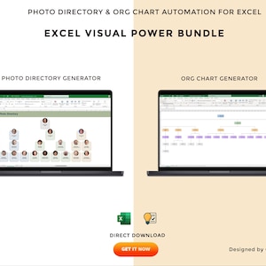 May include: Two laptops displaying Excel spreadsheets. One shows a photo directory, the other an organizational chart. Text at the top reads "PHOTO DIRECTORY & ORG CHART AUTOMATION FOR EXCEL" and "EXCEL VISUAL POWER BUNDLE". Below are the words "PHOTO DIRECTORY GENERATOR" and "ORG CHART GENERATOR".