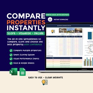 Pode incluir: Um ecrã de laptop exibe uma planilha com gráficos, promovendo uma ferramenta para comparar propriedades. O texto diz "Compare Propriedades Instantaneamente" e "Avalie - Visualize - Decida". Inclui comparação de múltiplas propriedades.