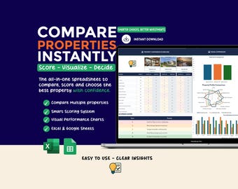 Tabla comparativa de propiedades / Hoja de cálculo para la decisión entre casa y apartamento / Plantilla para Excel y Google Sheets / Lista de verificación para la compra de una vivienda