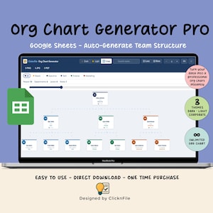 May include: A laptop displays the "org Chart Generator Pro" interface, showcasing a team structure diagram. The screen shows a green spreadsheet icon and text: "Google Sheets - Auto-generate Team Structure." Additional text includes "Easy to use - Direct download - One time purchase."