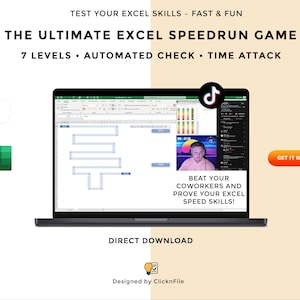 Puede incluir: Una pantalla de portátil muestra una interfaz de juego de Excel. La imagen promociona "The Ultimate Excel Speedrun Game" con 7 niveles, comprobaciones automatizadas y una función de contrarreloj. Un logotipo de TikTok es visible.