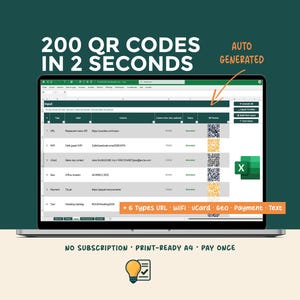 Bulk QR Code Generator Excel Template, 200 QR Codes in Seconds, vCard WiFi URL, Print-Ready A4, Custom Brand Colors, Digital