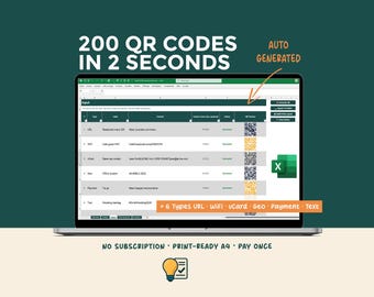 バルクQRコードジェネレーターExcelテンプレート、数秒で200個のQRコード、vCard WiFi URL、印刷対応A4サイズ、カスタムブランドカラー、デジタル