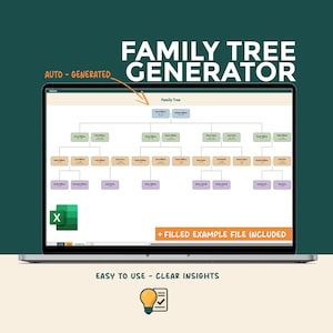 Puede incluir: Una computadora portátil muestra un diagrama de árbol genealógico con nombres y relaciones. Se muestra el texto "FAMILY TREE GENERATOR" y "AUTO - GENERATED". Un icono de Excel es visible, junto con el texto "+ FILLED EXAMPLE FILE INCLUDED" y "EASY TO USE - CLEAR INSIGHTS".