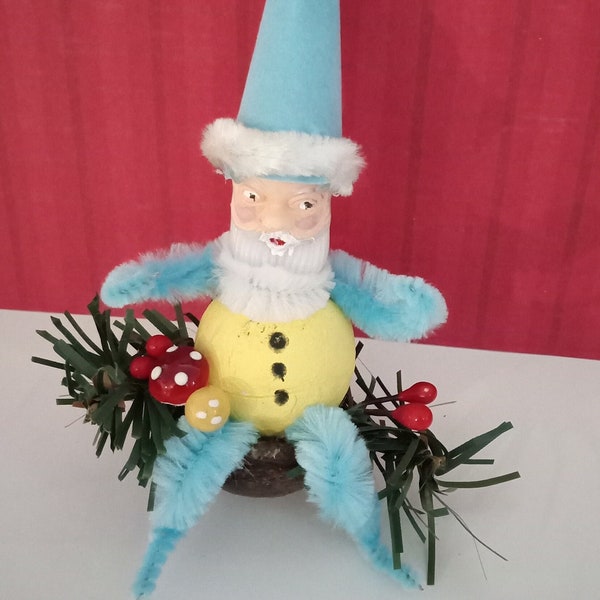 Spun Cotton Ornament Elf Sitting in a Nut Shell