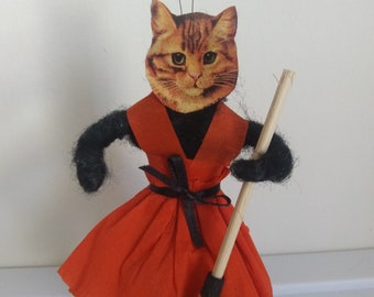 Calico Cat HALLOWEEN wSKULLS spun cotton girl vintage style CAT 6 ornament