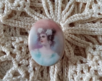 Vintage Victorian 1800's RARE Old Painted Portrait Porcelain Button Stud, Cameo