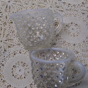 Vintage Anchor Hocking Moonstone Opalescent Hobnail Pattern Glass Sugar & Creamer