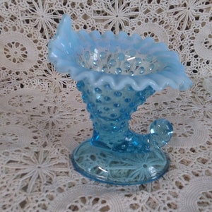 Vintage Fenton Blue Opalescent Hobnail Vase/Candle Holder with Ruffled Rim