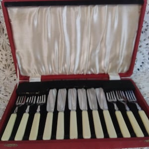 May include: A red velvet box with a satin lining containing a set of 10 silver knives and forks with ivory handles.