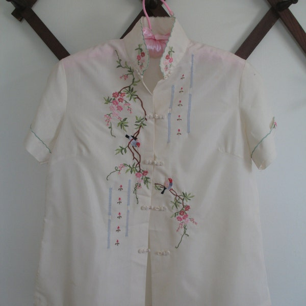 1950's Asian Blouse, Shirt, Embroidered Branches and Birds