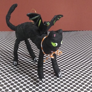 Spun Cotton Halloween Ornament, Scared Cat with Bat