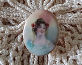 Vintage Victorian 1800's RARE Old Painted Portrait Porcelain Button Stud, Cameo