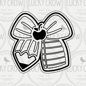 May include: A black and white graphic of a bow with an apple and pencil design. The bow is outlined in black and has a detailed design. The background features repeating circular logos with the text "LUCKY CROW HAT CO." and "MAKE YOUR OWN LUCK."