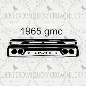 May include: Black and white illustration of a 1965 GMC truck rear end. The image includes the text "1965 gmc" and "GMC". The background features a repeating pattern of circular logos with the text "LUCKY CROW HAT CO. SINCE 2010".