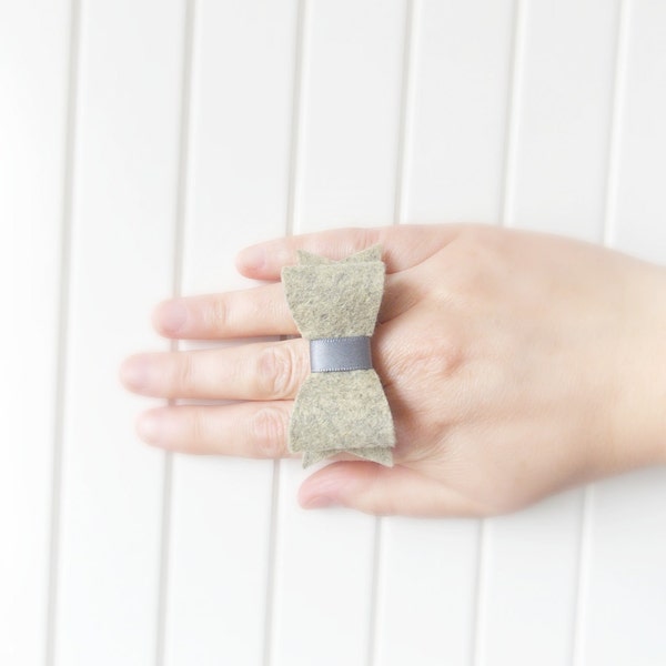 Pretty Bow Ring Adjustable Felt Ring in Stone with Grey Ribbon Detail