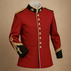 Op de afbeelding: Rode militaire jas met gouden knopen en afwerking. De jas heeft een zwarte kraag en manchetten met gouden borduursel. De schouders hebben gouden epauletten. Een witte bies omlijnt de randen van de jas. Historisch militair uniform.