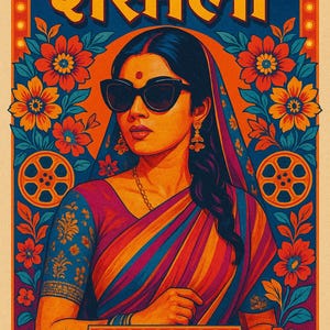 Vibrant Retro Bollywood Movie Poster Featuring a Dramatic Indian Heroine