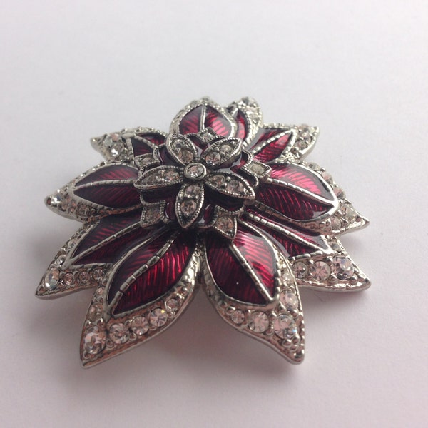 Monet Red & Rhinestone Flower Brooch