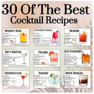 30 populaire cocktailreceptkaarten | Receptkaart voor drankjes | Afdrukbare receptenkaart | Beste cocktailparty-drankkaart | Bewerken in canvas
