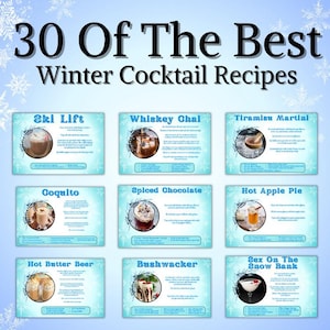 30 receptkaarten voor wintercocktails | Receptkaart voor drankjes | Afdrukbare receptenkaart | Beste cocktailparty-drankkaart | Bewerken in canvas