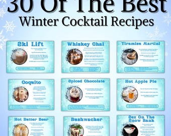 Receptkaarten voor wintercocktails: printbare drankgids (bewerken in Canva, pdf-download)