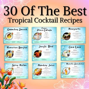 30 receptenkaarten voor tropische zomercocktails | Receptkaart voor drankjes | Afdrukbare receptenkaart | Beste cocktailparty-drankkaart | Bewerken in canvas