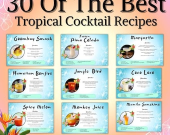 Receptkaarten voor tropische cocktails: gids voor zomerdrankjes (afdrukbare pdf, canva bewerken)