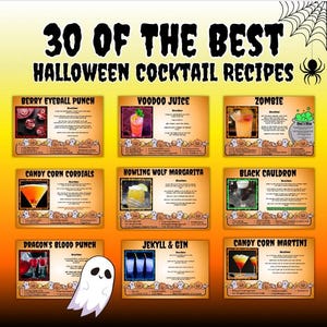 30 Halloween-cocktailreceptkaarten | Receptkaart voor drankjes | Afdrukbare receptenkaart | Beste griezelige cocktailparty-drankkaart | Bewerken in canvas