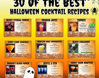 Receptkaarten voor Halloween-cocktails: gids voor spookachtige drankjes (afdrukbare pdf, canva bewerken)