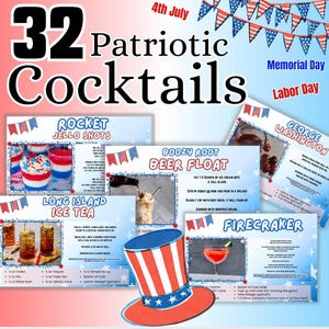 32 Fourth Of July-cocktailreceptkaarten | Herdenkingsdag | Dag van de Arbeid | Afdrukbaar | BBQ-drankjes | Feestborrelkaarten | VS | Gemaakt van canvas