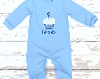 Boys First Birthday Romper Blue Knit Cupcake Applique Monogram Name Personalized Outfit 1st Birthday Party Keepsake Baby Boy Gift