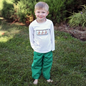 Smocked Reindeer Shirt Green Pants Set Boys Christmas Outfit Hand Smocking Holiday Party Church Santa Pictures Christmas Smock Sibling Match