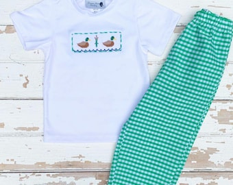Boys Smocked Mallard Duck Knit Shirt and Green Gingham Pants Set Hand Smocking Fall Duck Hunting Little Boy Outfit