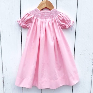 Girls Smocked Pink Heirloom Bishop with Tiny Pearls and Ribbon Bows Hand-Smocking Dress Portraits Church Special Occasion Smock