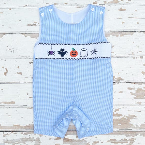 Smocked Halloween Shortall Baby Toddler Boy Blue Gingham Hand Smocking Pumpkin Ghost Spider Bat Fall Jon-Jon Romper Pumpkin Patch Outfit