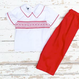 Regal Red Smocked Shirt and Pants Set White Collar Traditional Boys Christmas Outfit Hand Smocking Holiday Party Church Santa Pictures
