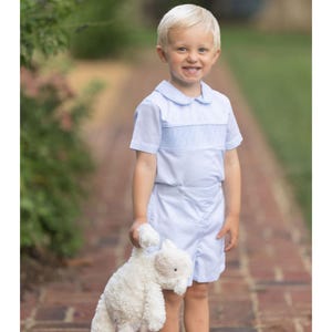 Smocked Heirloom Button On Short Set Classic Light Blue Shirt with Collar Baptism Ring Bearer Portraits Easter Church Wedding Toddler Boy