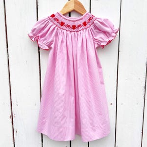 Smocked Heart and Bows Bishop Girls Valentine&#39;s Day Dress Hand Smocking Red Hearts Pink Gingham School Party Church Pictures