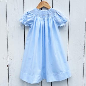 Smocked Heirloom Bishop Light Blue Batiste with White Ribbon Bows and Pearls Hand Smocking Girls Portraits Church Special Occasion Dress