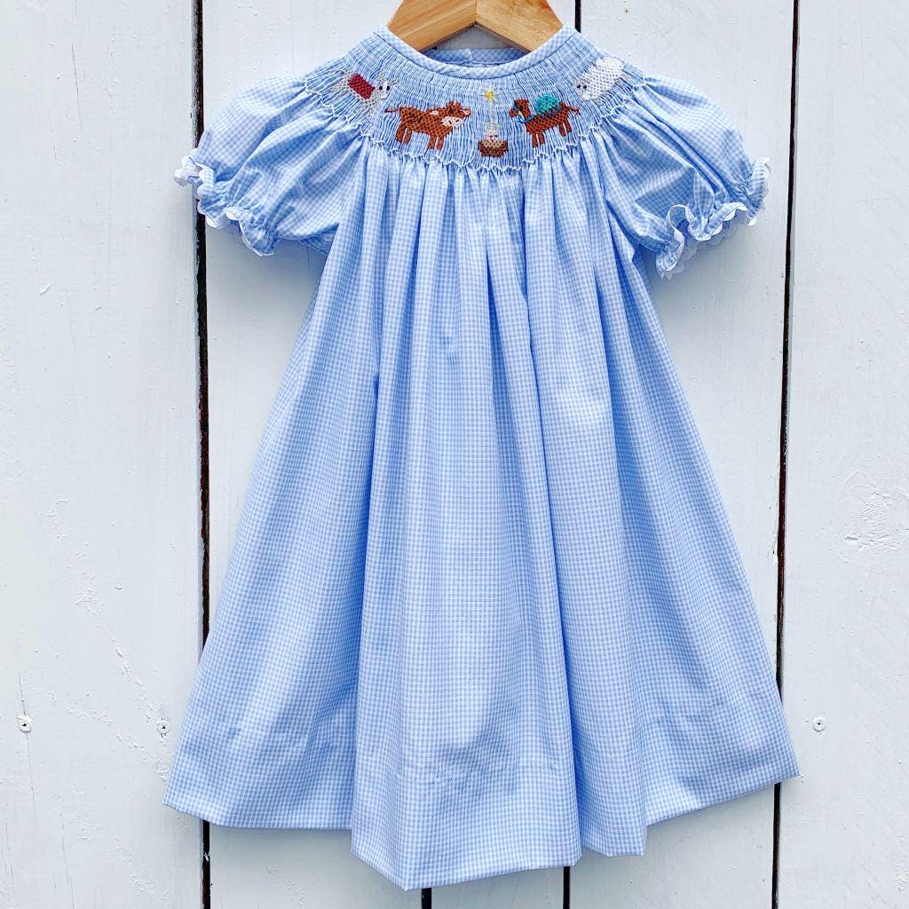 white christmas dresses Blue Nativity Christmas Smocked Bishop Dress 9M main image 1