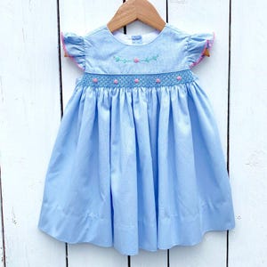 Smocked Girls Blue Dress Pink Flower Hand Embroidery Smocking Heirloom Portraits Classic Traditional Vintage Style Dress Church Pictures
