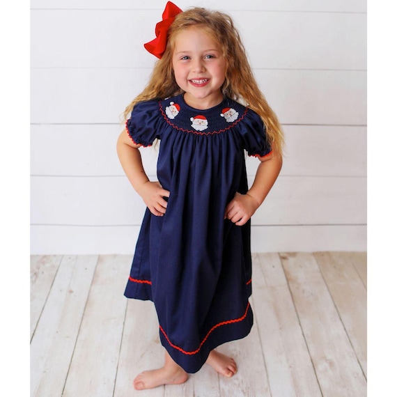 Smocked Santa Claus Bishop Dress Navy Blue Hand Smocking Christmas Pictures Holiday Party Church Santa Visits Sibling Match Girl Smock