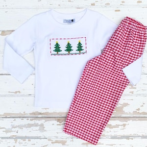 Smocked Christmas Tree Shirt Red Gingham Pants Set Boys Santa Pictures Holiday Party Christmas Eve Outfit Hand Smocking Sibling Match