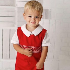 Regal Red Smocked Christmas Longall Baby Toddler Boys Hand Smocking Holiday Romper Traditional Heirloom Portraits Church Santa Pictures