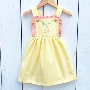 Girls You are My Sunshine Dress Yellow Gingham Baby&#39;s First Trip Around the Sun Birthday Party Theme Dress Hand Embroidery First Birthday