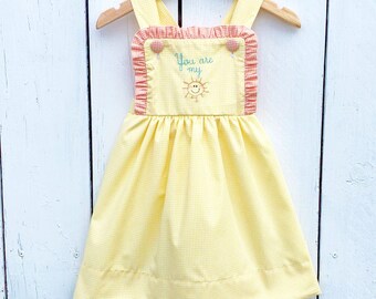 Girls You are My Sunshine Dress Yellow Gingham Baby&#39;s First Trip Around the Sun Birthday Party Theme Dress Hand Embroidery First Birthday