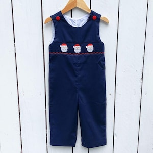 Smocked Santa Longall Christmas Hand Smocking Navy Blue Holiday Romper Baby Toddler Boy Santa Visits Church Christmas Party Outfit