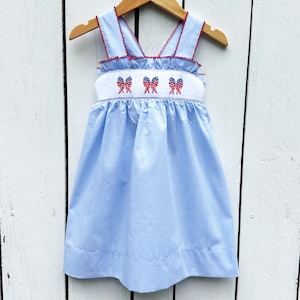 Smocked American Flag Bow Dress Hand Smocked Blue Gingham July 4th Patriotic Red White Blue Smock for Girls