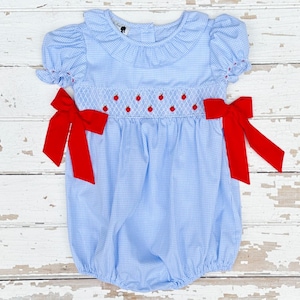 Smocked Apple Bubble Girls Blue Gingham Bubble with Hand-Smocking and Embroidered Red Apples and Bows